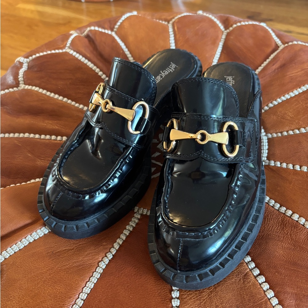 Jeffrey Campbell Black Patent Leather Loafers with Gold Buckle